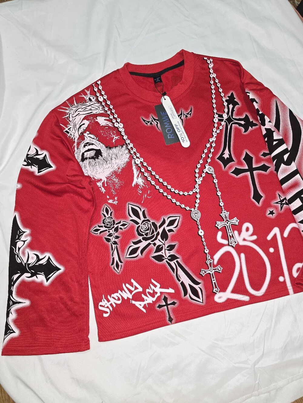 :ROMWE Red Graphic Streetwear Long Sleeve Shirt Medium